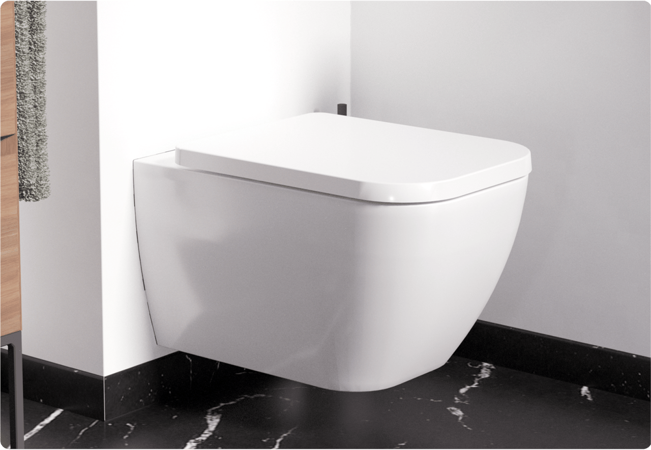 Een strak wit hangtoilet met afgeronde lijnen, geplaatst op een marmeren zwarte vloer. Een luxueuze uitstraling van x²o badkamers.